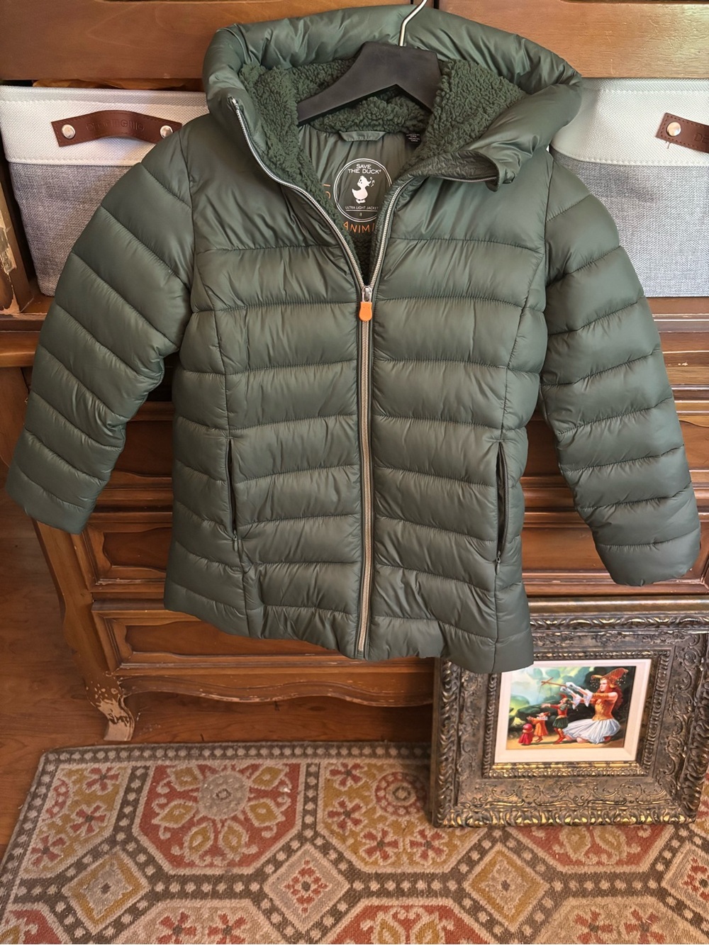SAVE THE DUCK | Girls | Olive Green | Sherpa-Lined Hooded Puffer Jacket | Size 8